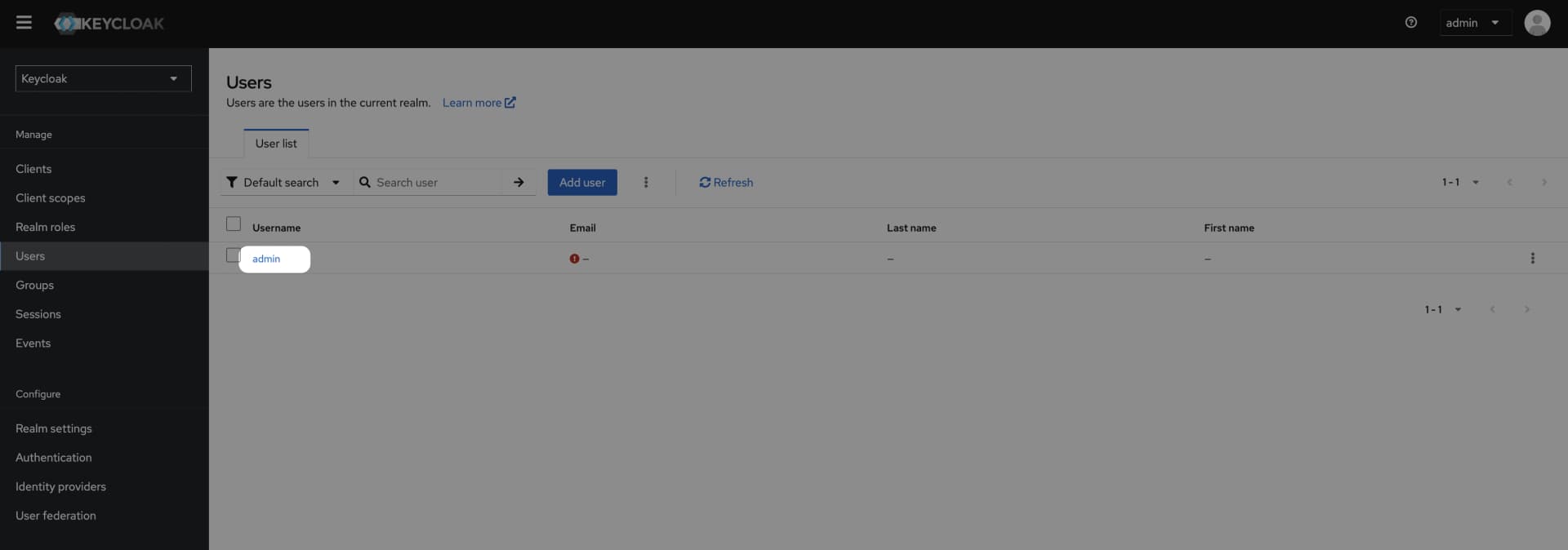 Keycloak credentials tab