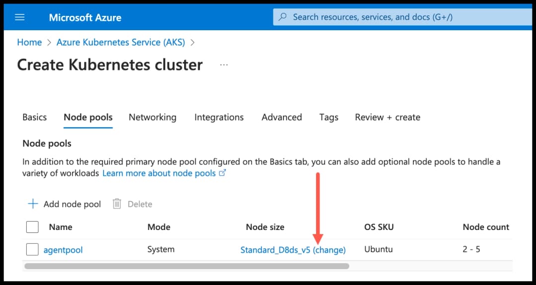 Azure - Create AKS cluster - Click node size