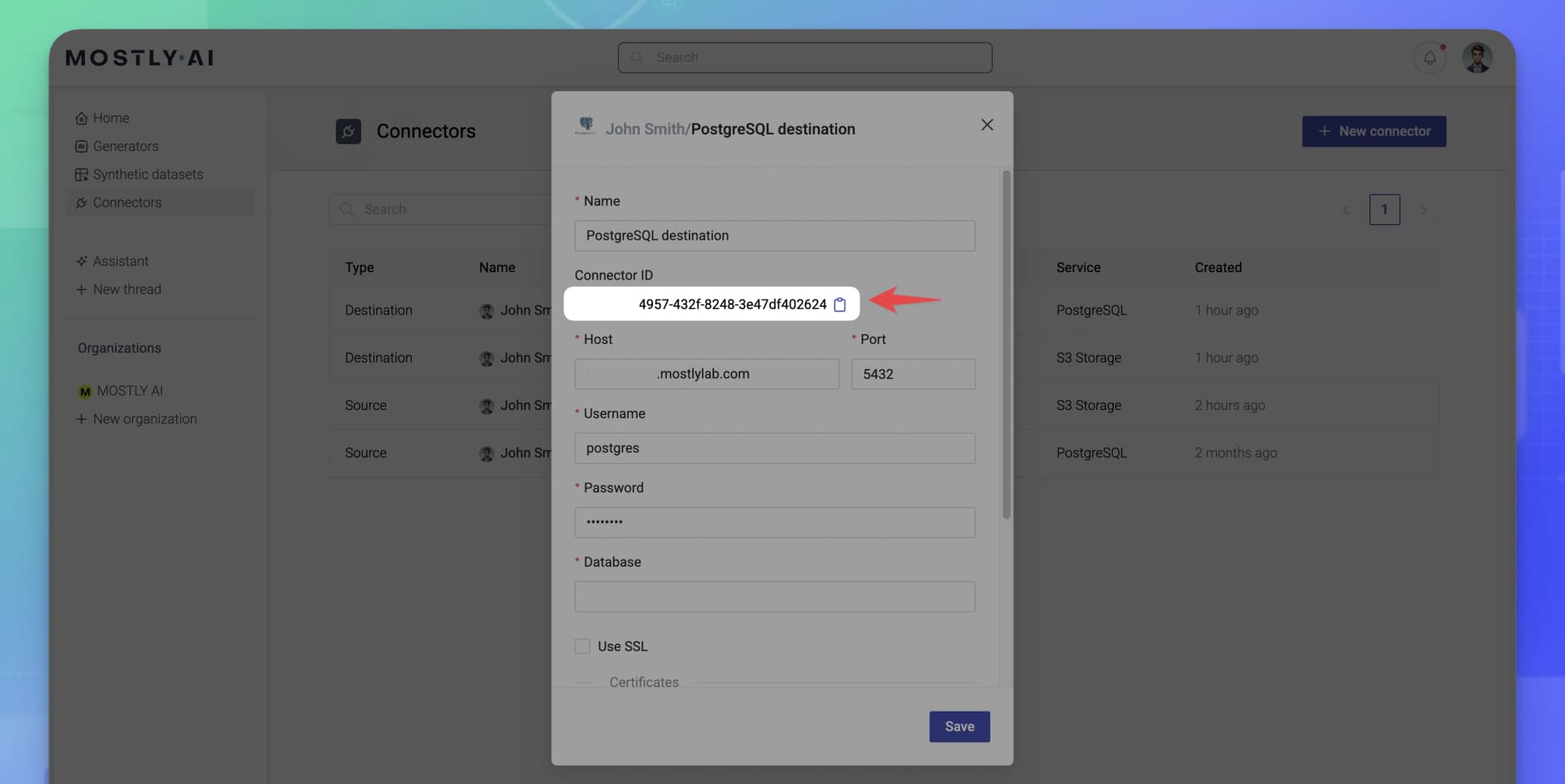 MOSTLY AI - Synthetic datasets - Get connector ID