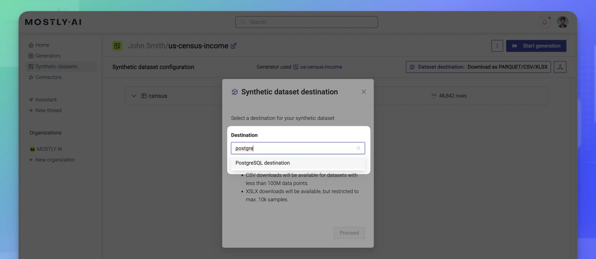 Configure synthetic dataset destination - Select Destination
