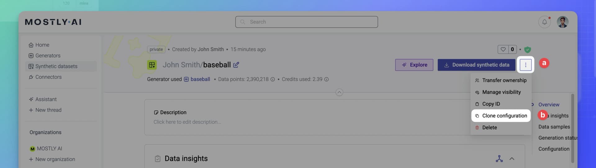 MOSTLY AI - Clone a synthetic dataset - 02 - From synthetic datasets details page, kebab menu, Clone